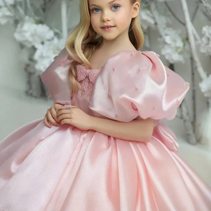 TinyTulle Pink Puff Sleeve Princess Flower Girl Dress with Bow Detail