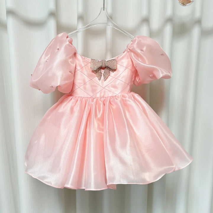 TinyTulle Pink Puff Sleeve Princess Flower Girl Dress with Bow Detail