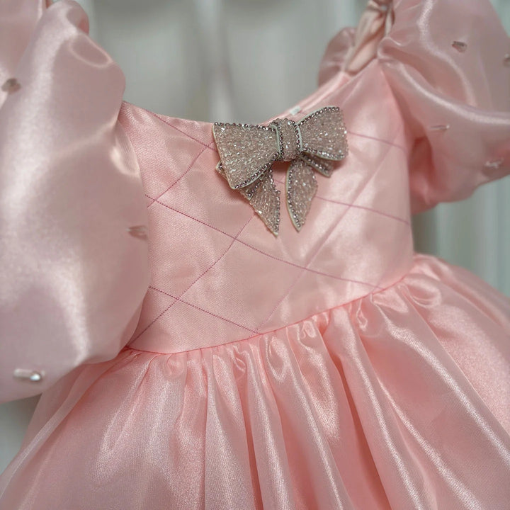 TinyTulle Pink Puff Sleeve Princess Flower Girl Dress with Bow Detail