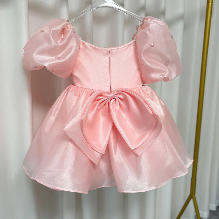 TinyTulle Pink Puff Sleeve Princess Flower Girl Dress with Bow Detail
