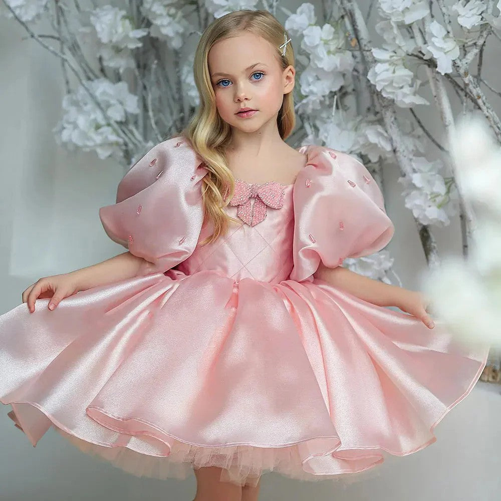 TinyTulle Pink Puff Sleeve Princess Flower Girl Dress with Bow Detail