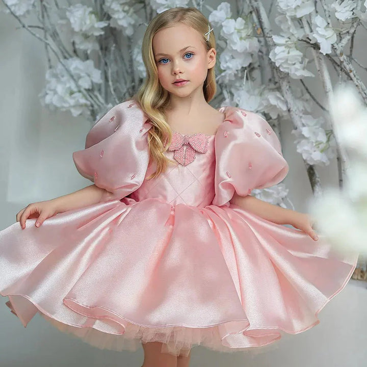 TinyTulle Pink Puff Sleeve Princess Flower Girl Dress with Bow Detail
