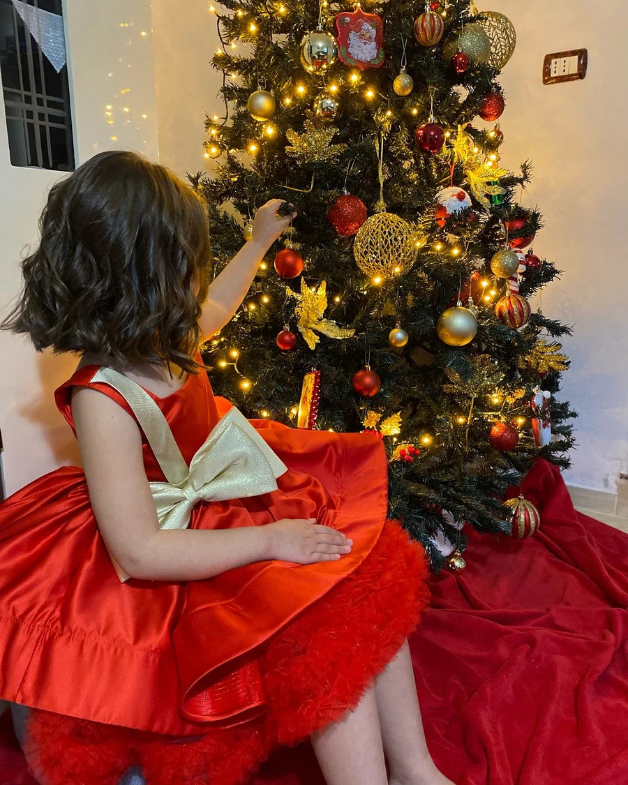 TinyTulle Red Sleeveless Satin Flower Girl Dress with Gold Bow Accent
