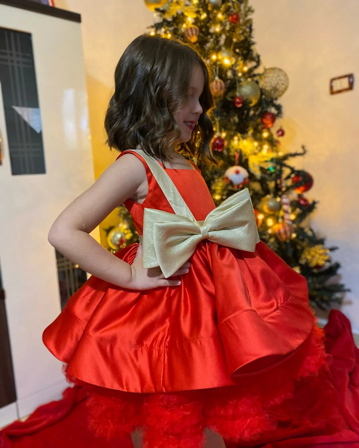 TinyTulle Red Sleeveless Satin Flower Girl Dress with Gold Bow Accent