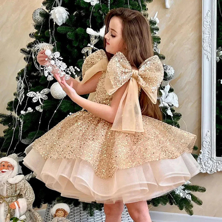 TinyTulle Sparkly Pink Knee-Length Flower Girl Dress with Big Bow