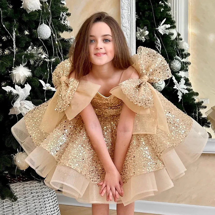 TinyTulle Sparkly Pink Knee-Length Flower Girl Dress with Big Bow