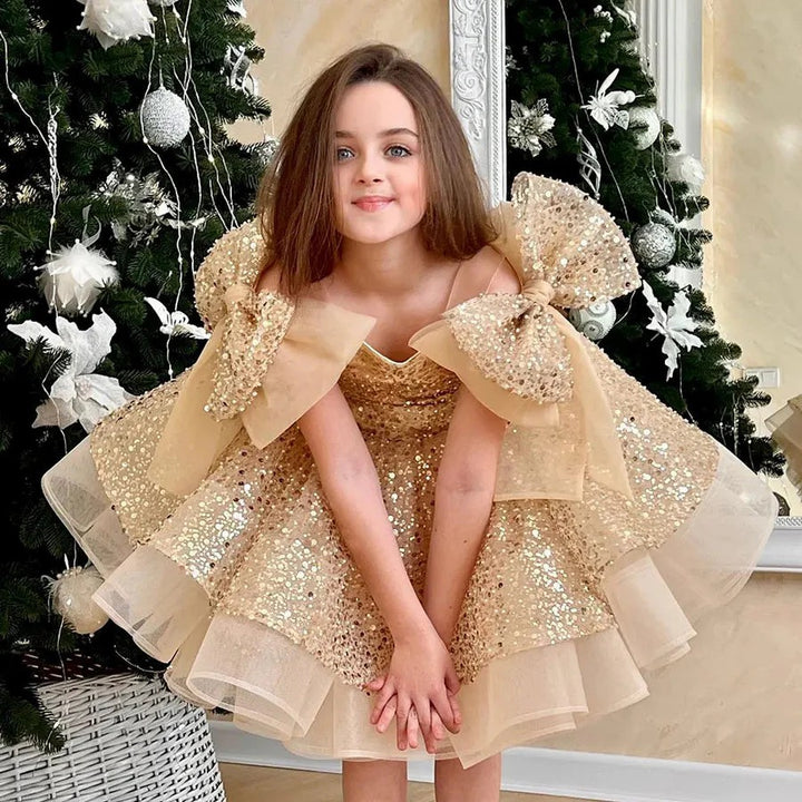 TinyTulle Sparkly Pink Knee-Length Flower Girl Dress with Big Bow
