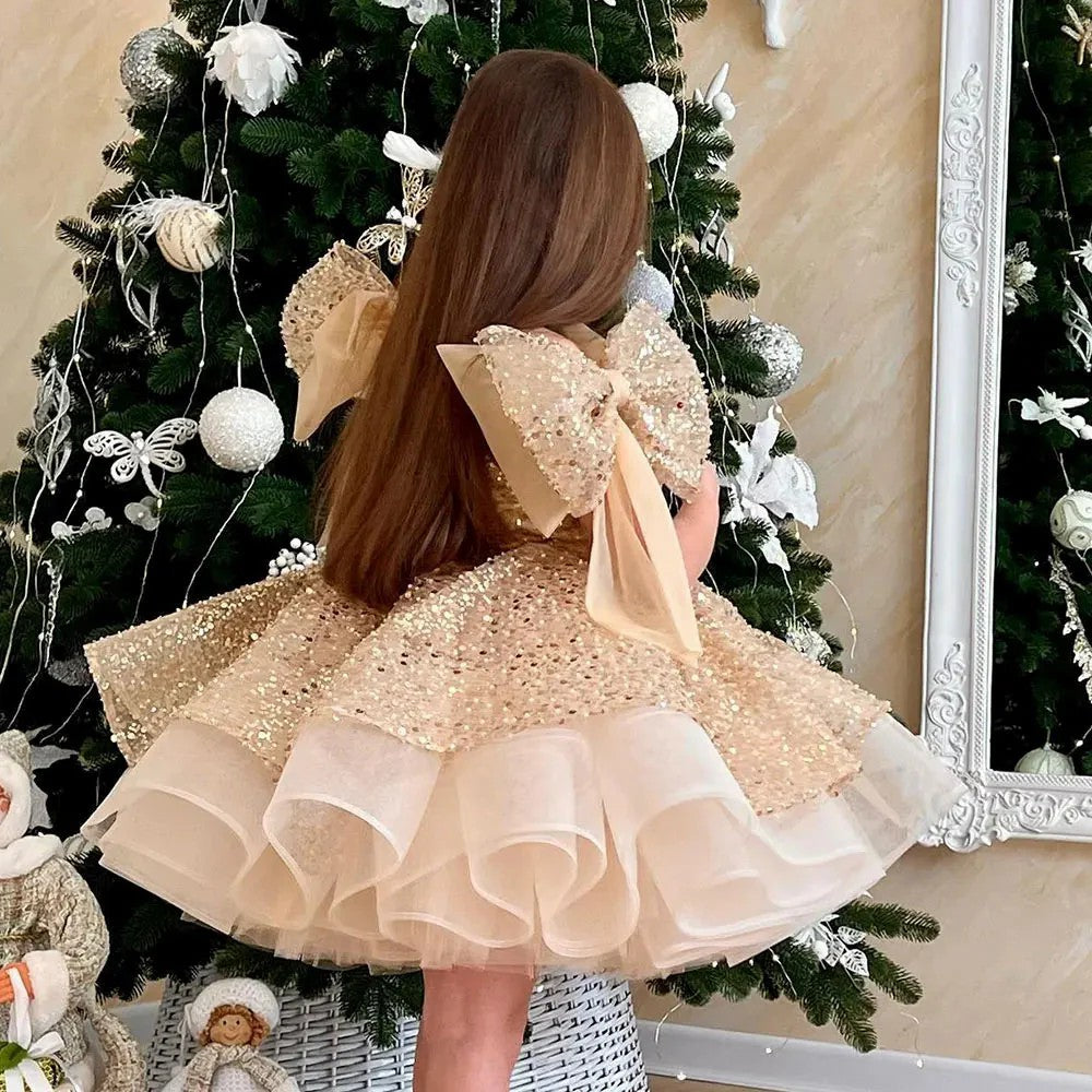TinyTulle Sparkly Pink Knee-Length Flower Girl Dress with Big Bow