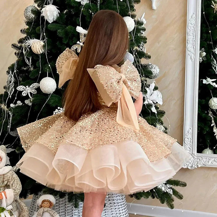TinyTulle Sparkly Pink Knee-Length Flower Girl Dress with Big Bow