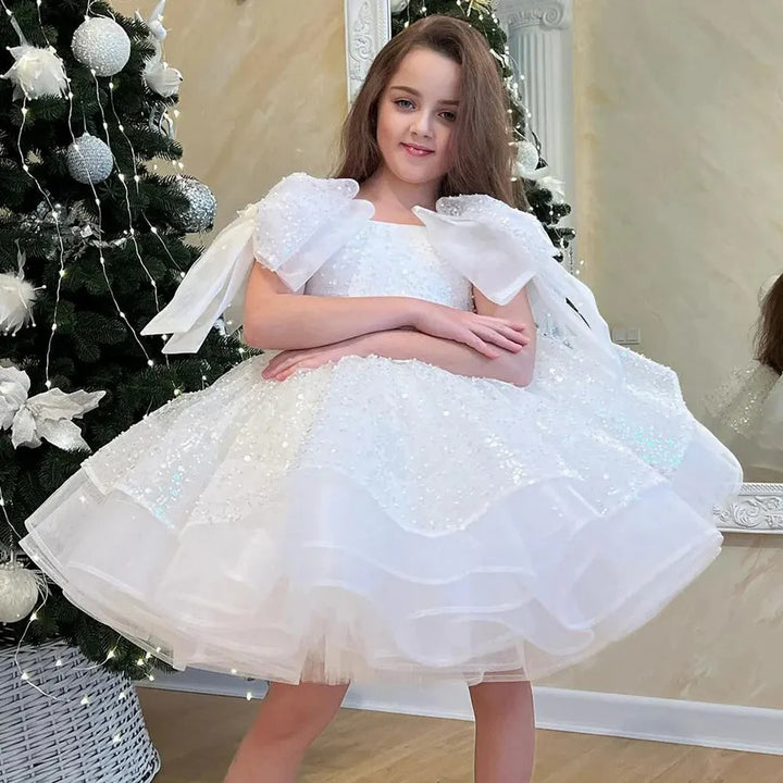 TinyTulle Sparkly Pink Knee-Length Flower Girl Dress with Big Bow