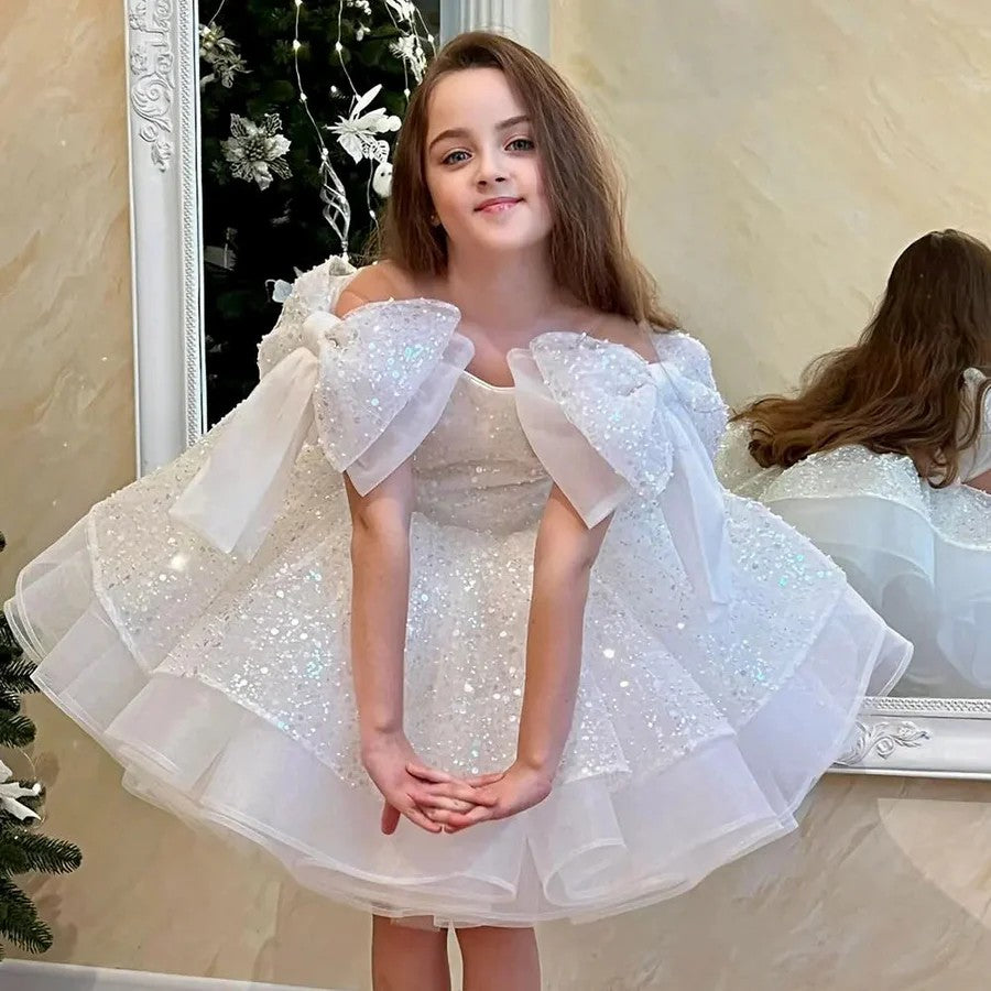 TinyTulle Sparkly Pink Knee-Length Flower Girl Dress with Big Bow