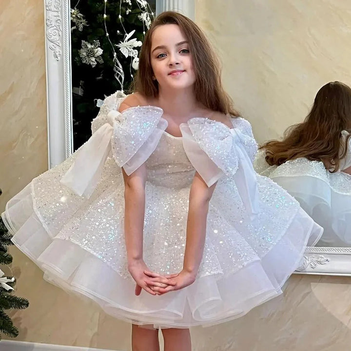 TinyTulle Sparkly Pink Knee-Length Flower Girl Dress with Big Bow