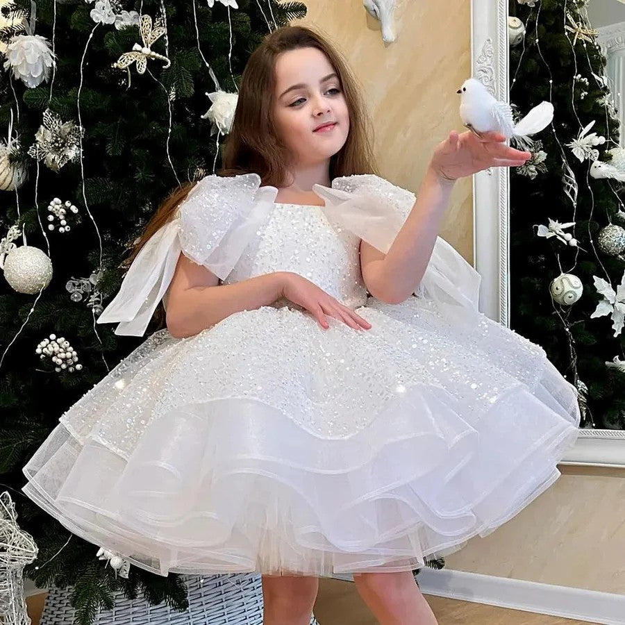 TinyTulle Sparkly Pink Knee-Length Flower Girl Dress with Big Bow