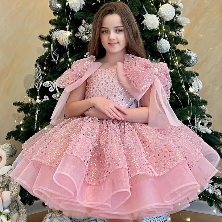 TinyTulle Sparkly Pink Knee-Length Flower Girl Dress with Big Bow