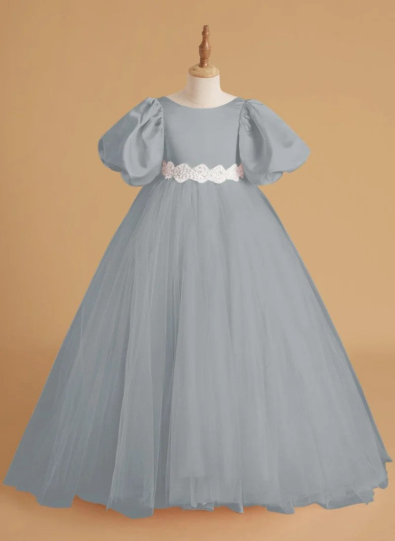 TinyTulle Elegant Satin &amp; Tulle Puff Sleeve Ball Gown with Beaded Waistband for First Communion &amp; Weddings