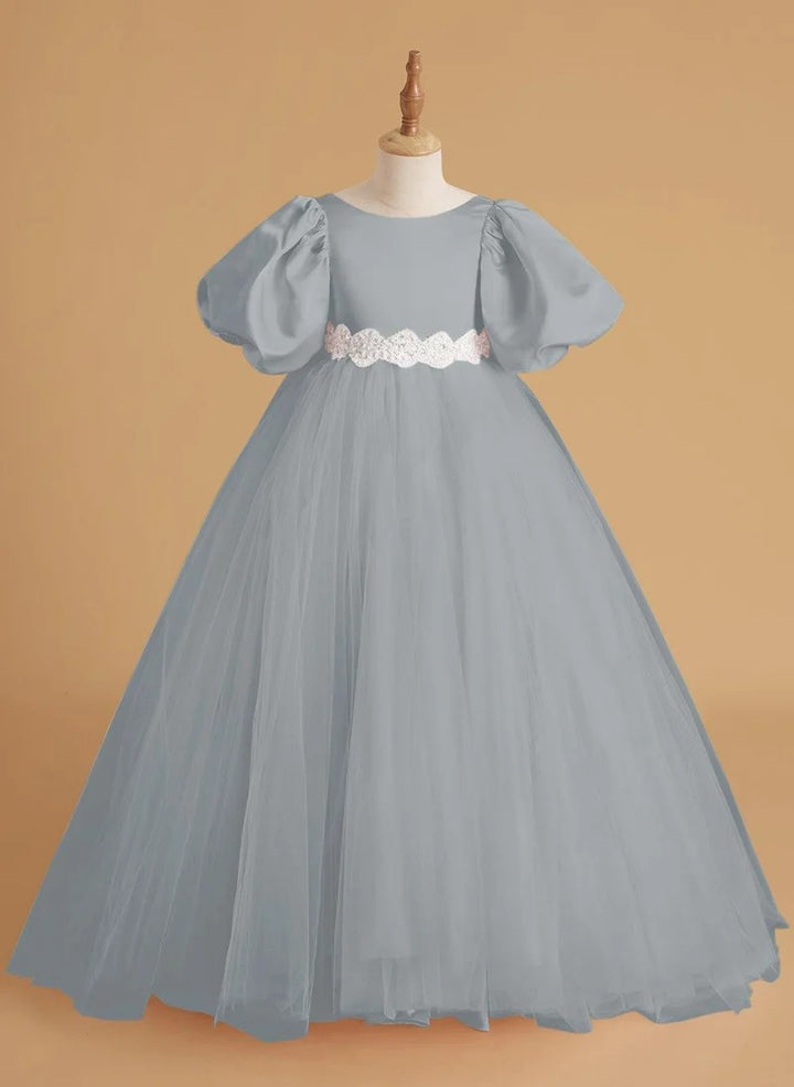 TinyTulle Elegant Satin &amp; Tulle Puff Sleeve Ball Gown with Beaded Waistband for First Communion &amp; Weddings