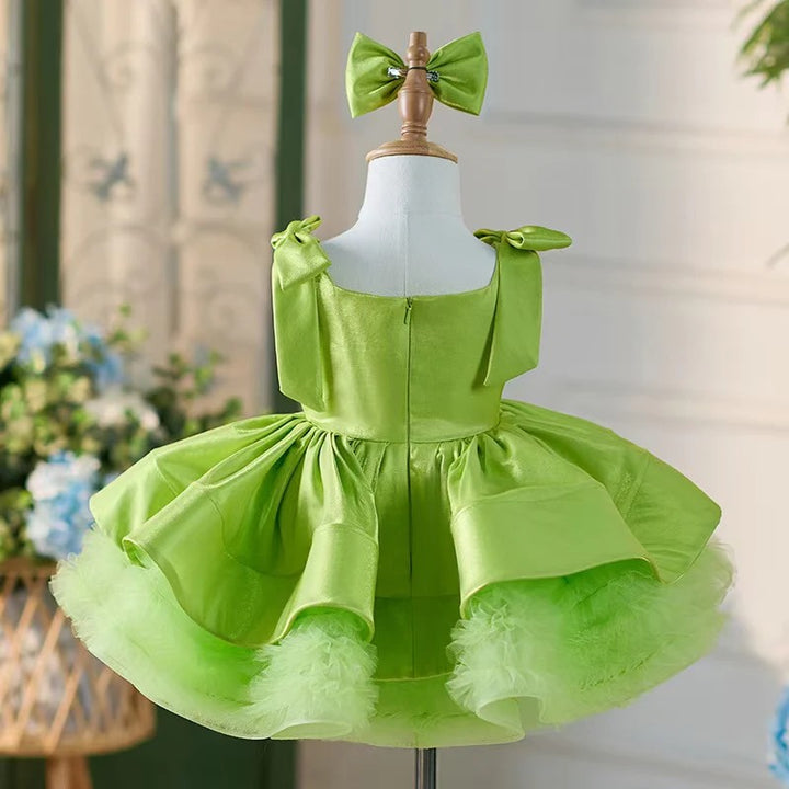 TinyTulle Satin Bow-Shoulder Sleeveless Tulle Knee-Length Flower Girl Tutu Dress