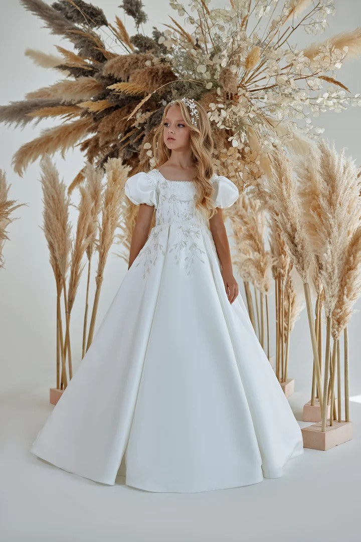 TinyTulle White Satin Puff Sleeve Princess Flower Girl Dress for Communion