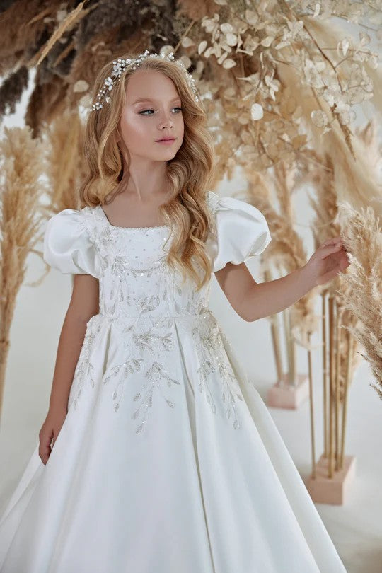 TinyTulle White Satin Puff Sleeve Princess Flower Girl Dress for Communion