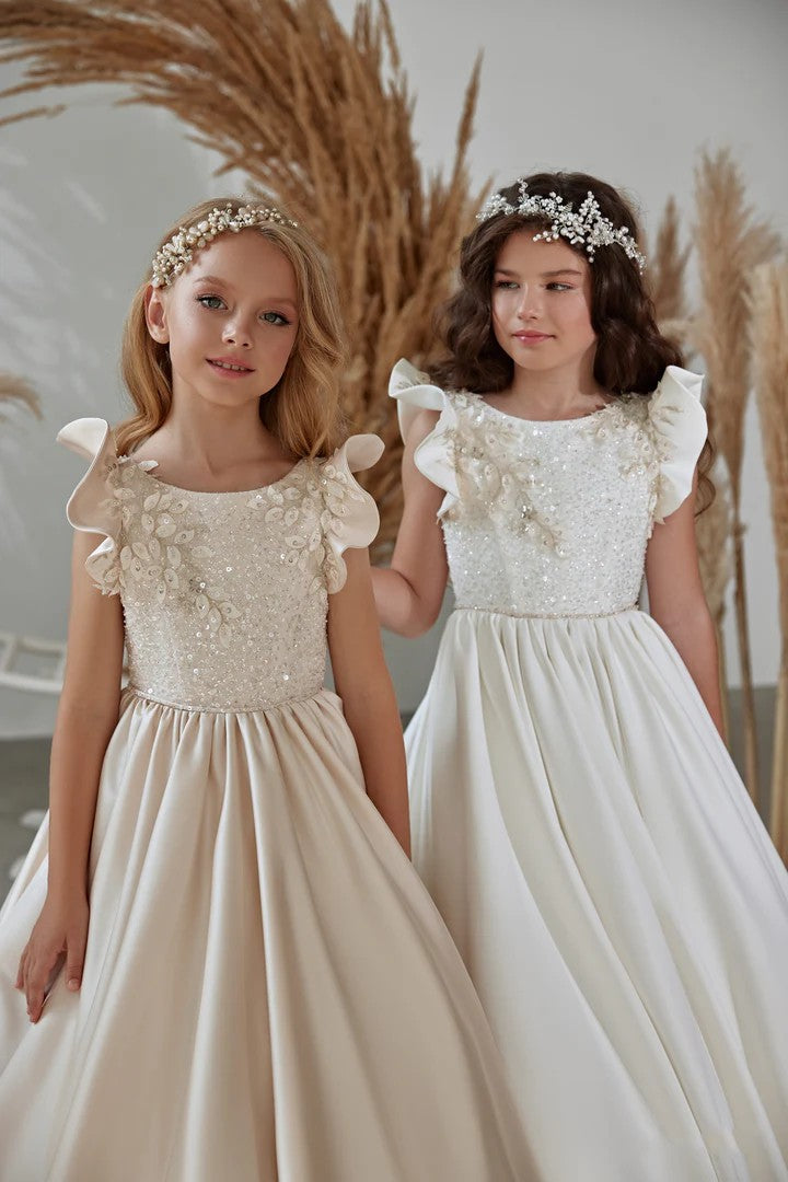 TinyTulle Elegant Flutter Sleeve Satin Flower Girl Dress with Pearl Lace Back