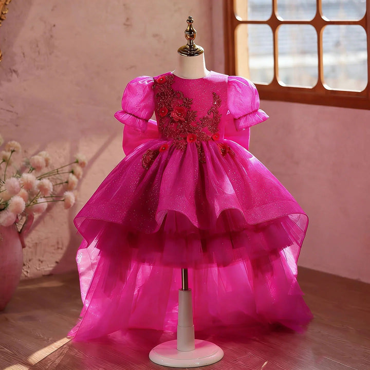 TinyTulle Fuchsia Glitter Tulle Princess Flower Girl Gown with Big Bow Detail