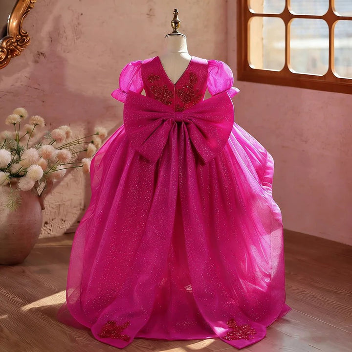 TinyTulle Fuchsia Glitter Tulle Princess Flower Girl Gown with Big Bow Detail