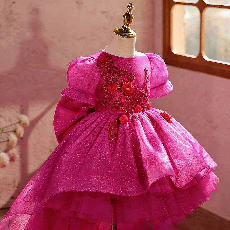 TinyTulle Fuchsia Glitter Tulle Princess Flower Girl Gown with Big Bow Detail