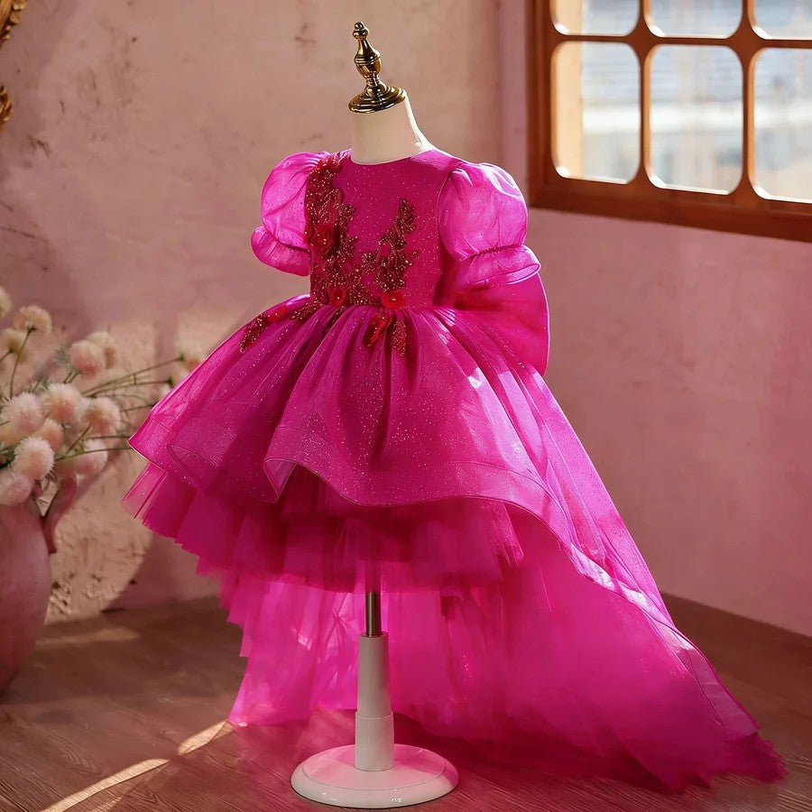 TinyTulle Fuchsia Glitter Tulle Princess Flower Girl Gown with Big Bow Detail