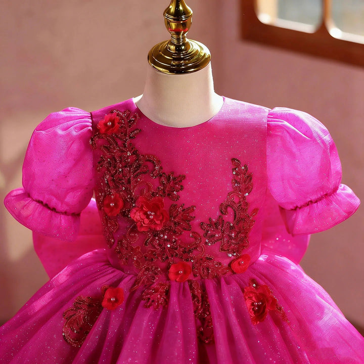 TinyTulle Fuchsia Glitter Tulle Princess Flower Girl Gown with Big Bow Detail