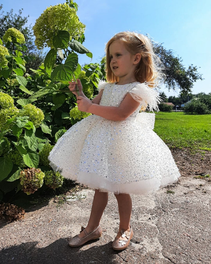 TinyTulle White Sequin Tulle Flower Girl Dress with Feather Shoulders and Bow Back