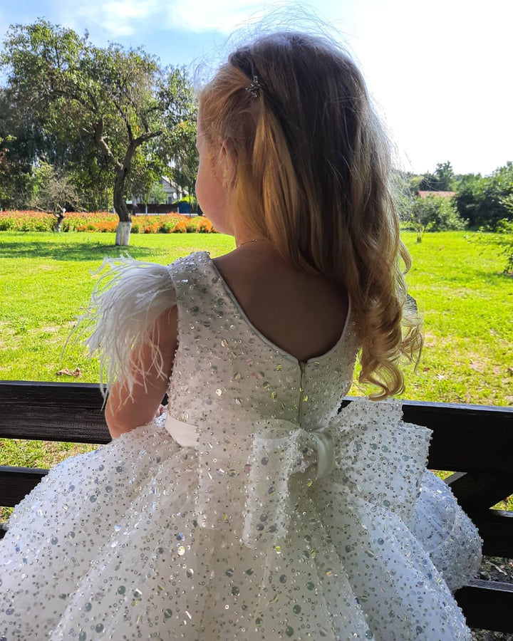 TinyTulle White Sequin Tulle Flower Girl Dress with Feather Shoulders and Bow Back