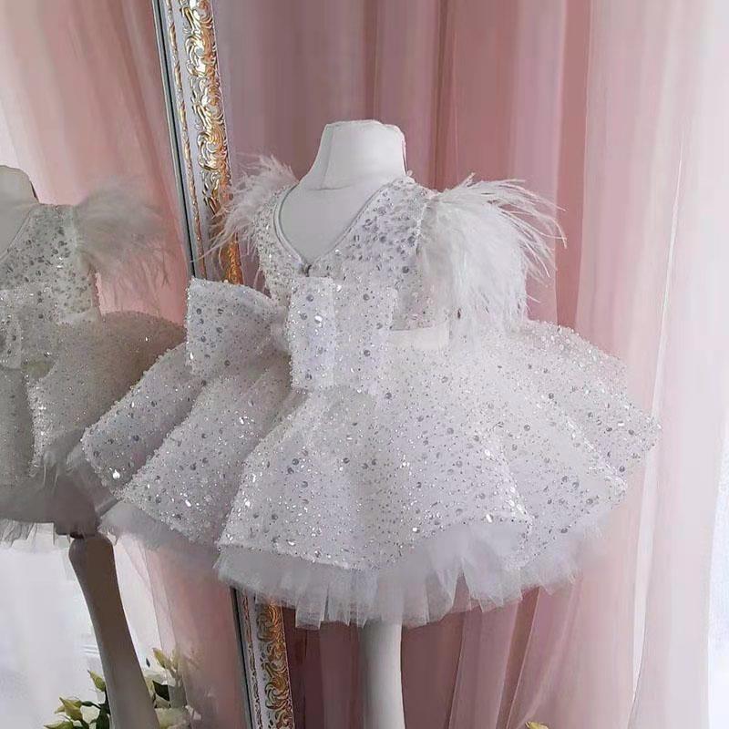 TinyTulle White Sequin Tulle Flower Girl Dress with Feather Shoulders and Bow Back