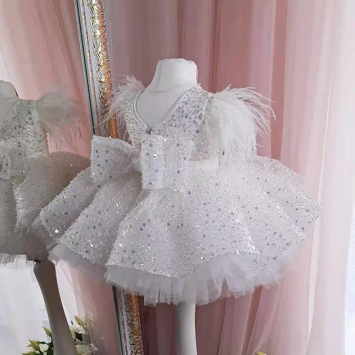 TinyTulle White Sequin Tulle Flower Girl Dress with Feather Shoulders and Bow Back