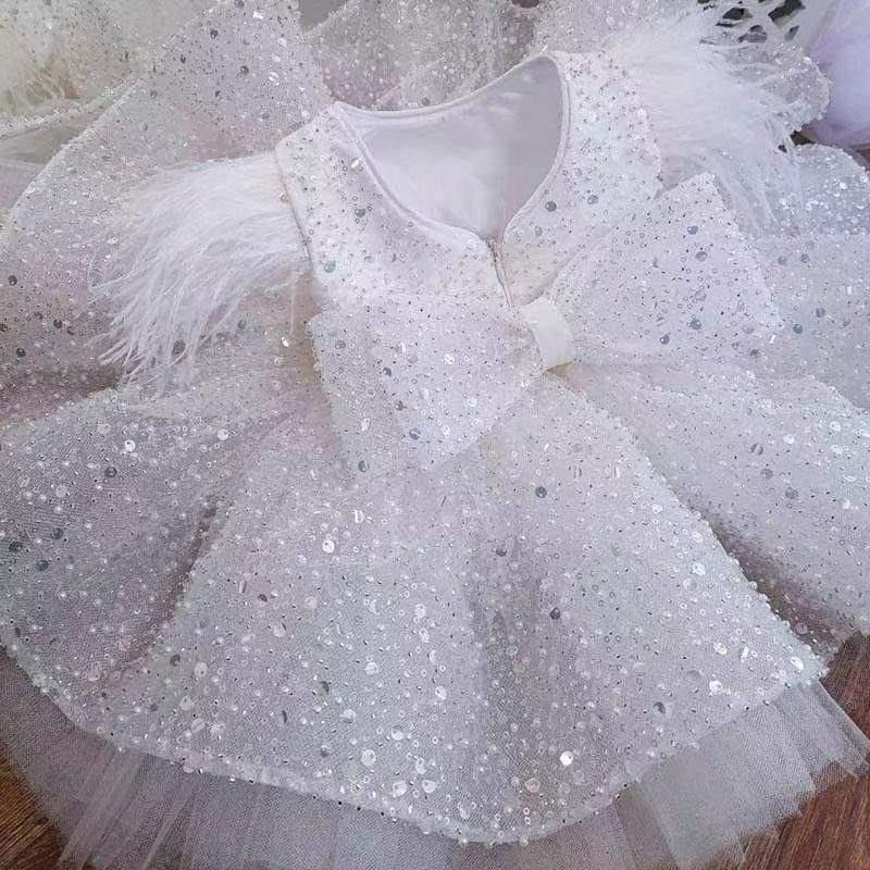 TinyTulle White Sequin Tulle Flower Girl Dress with Feather Shoulders and Bow Back