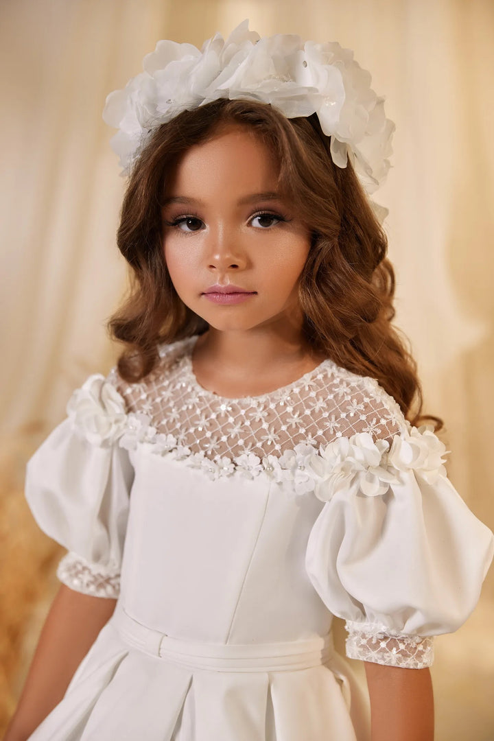 TinyTulle White Satin Puff Sleeve Flower Girl Gown for First Communion