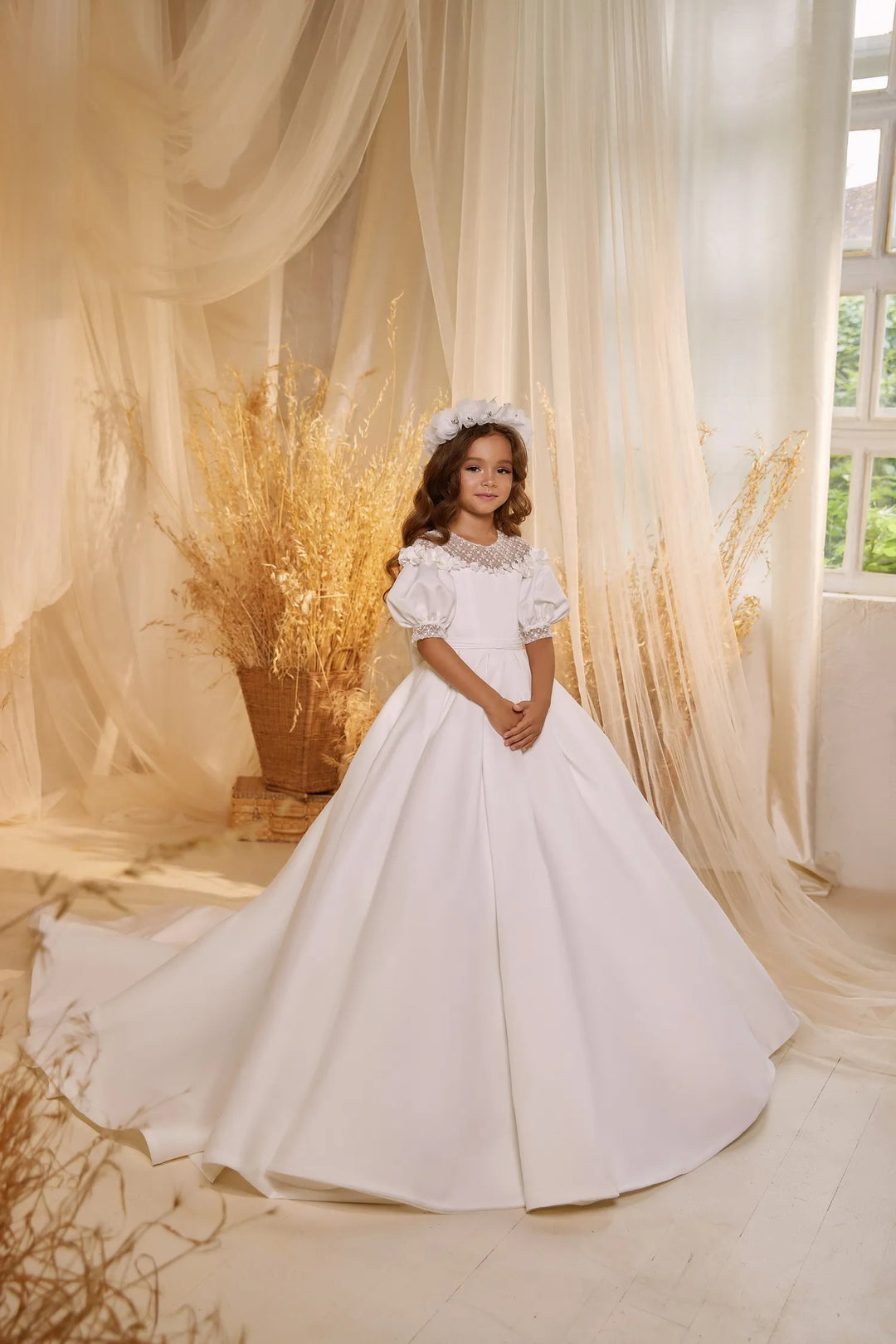 TinyTulle White Satin Puff Sleeve Flower Girl Gown for First Communion