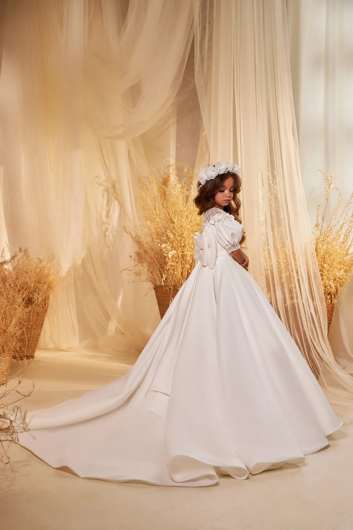 TinyTulle White Satin Puff Sleeve Flower Girl Gown for First Communion