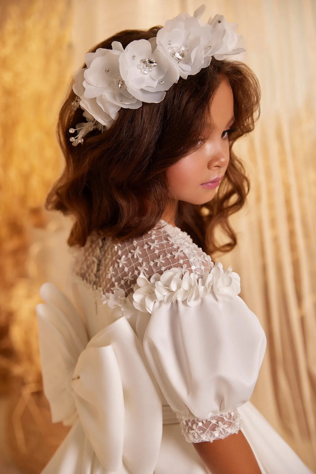 TinyTulle White Satin Puff Sleeve Flower Girl Gown for First Communion