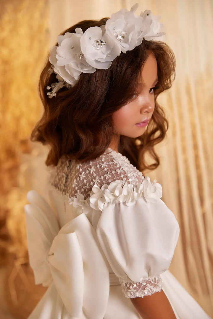 TinyTulle White Satin Puff Sleeve Flower Girl Gown for First Communion
