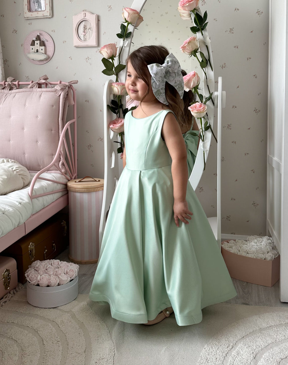 TinyTulle Elegant Sage Green Satin A-Line Flower Girl Dress with Bow
