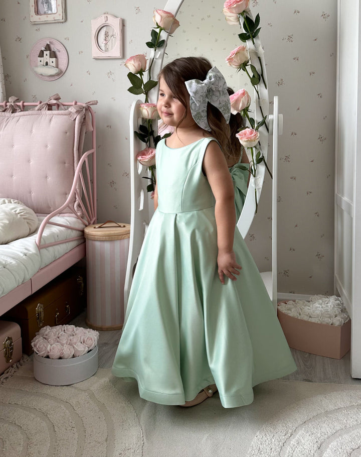 TinyTulle Elegant Sage Green Satin A-Line Flower Girl Dress with Bow
