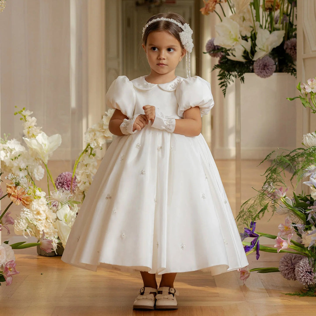 TinyTulle Elegant White Satin Puff Sleeve Ankle-Length Princess Flower Girl Dress