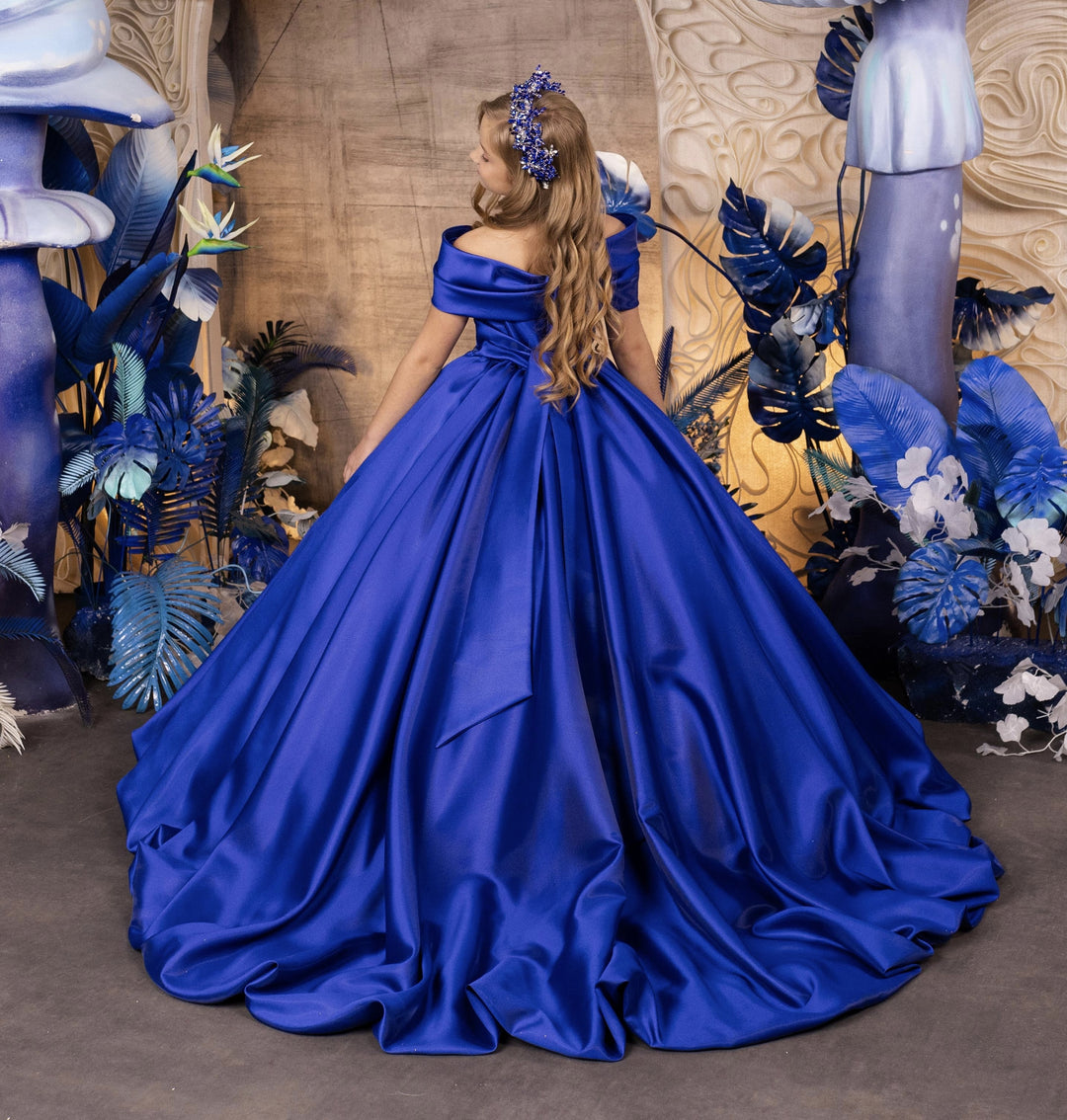 TinyTulle Royal Blue Off-the-Shoulder Flower Girl Ball Gown with Statement Bow Sleeves