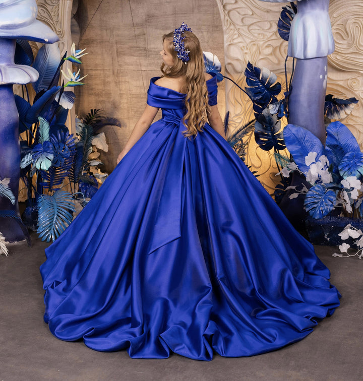 TinyTulle Royal Blue Off-the-Shoulder Flower Girl Ball Gown with Statement Bow Sleeves