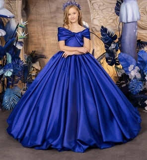 TinyTulle Royal Blue Off-the-Shoulder Flower Girl Ball Gown with Statement Bow Sleeves