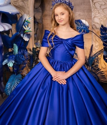 TinyTulle Royal Blue Off-the-Shoulder Flower Girl Ball Gown with Statement Bow Sleeves