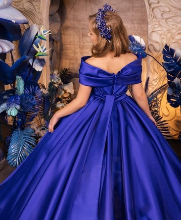 TinyTulle Royal Blue Off-the-Shoulder Flower Girl Ball Gown with Statement Bow Sleeves
