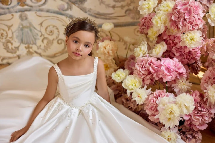 TinyTulle Off White Satin Sleeveless Flower Girl Dress Communion Dress