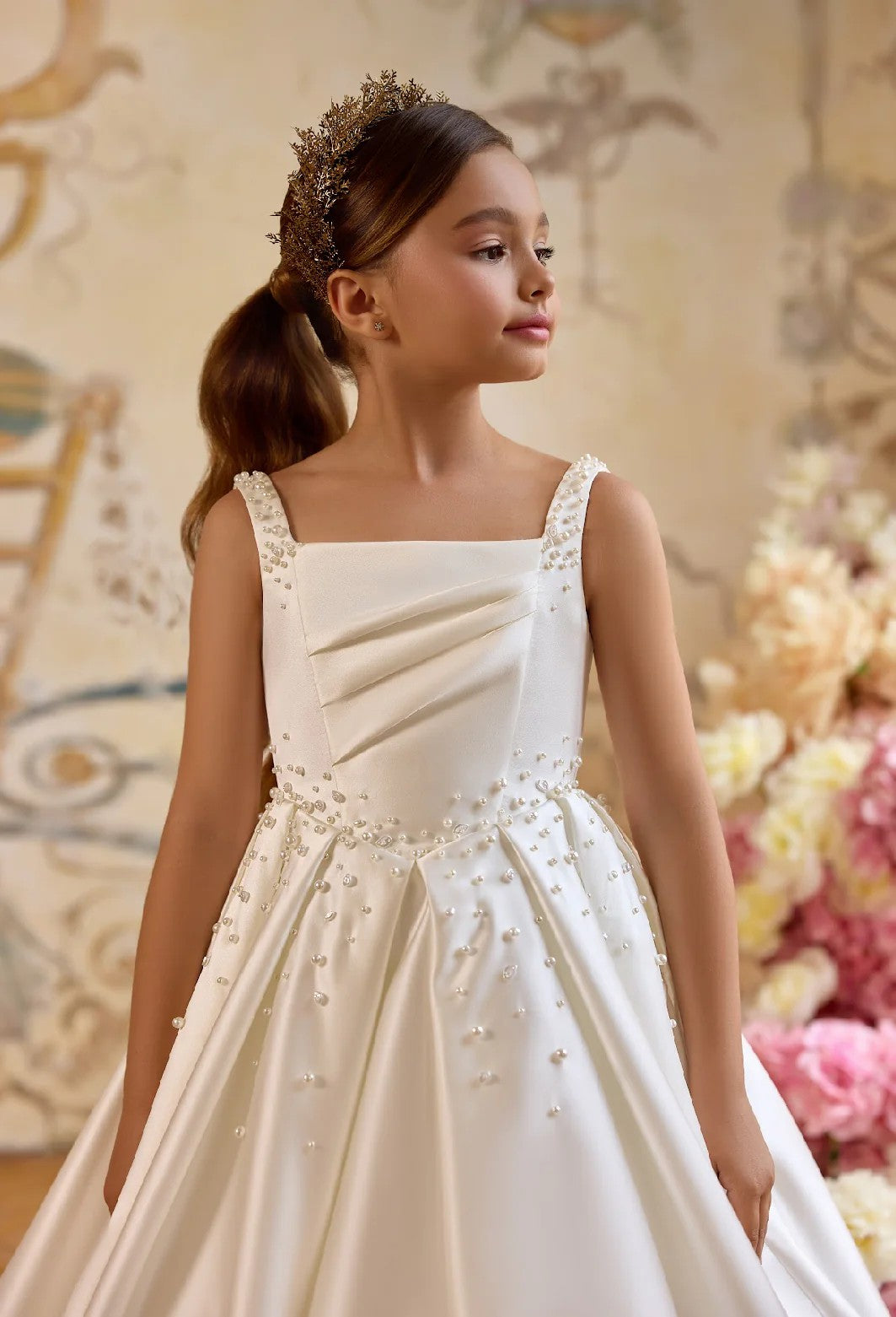 TinyTulle Off White Satin Sleeveless Flower Girl Dress Communion Dress