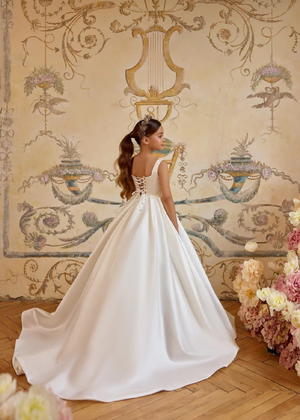 TinyTulle Off White Satin Sleeveless Flower Girl Dress Communion Dress